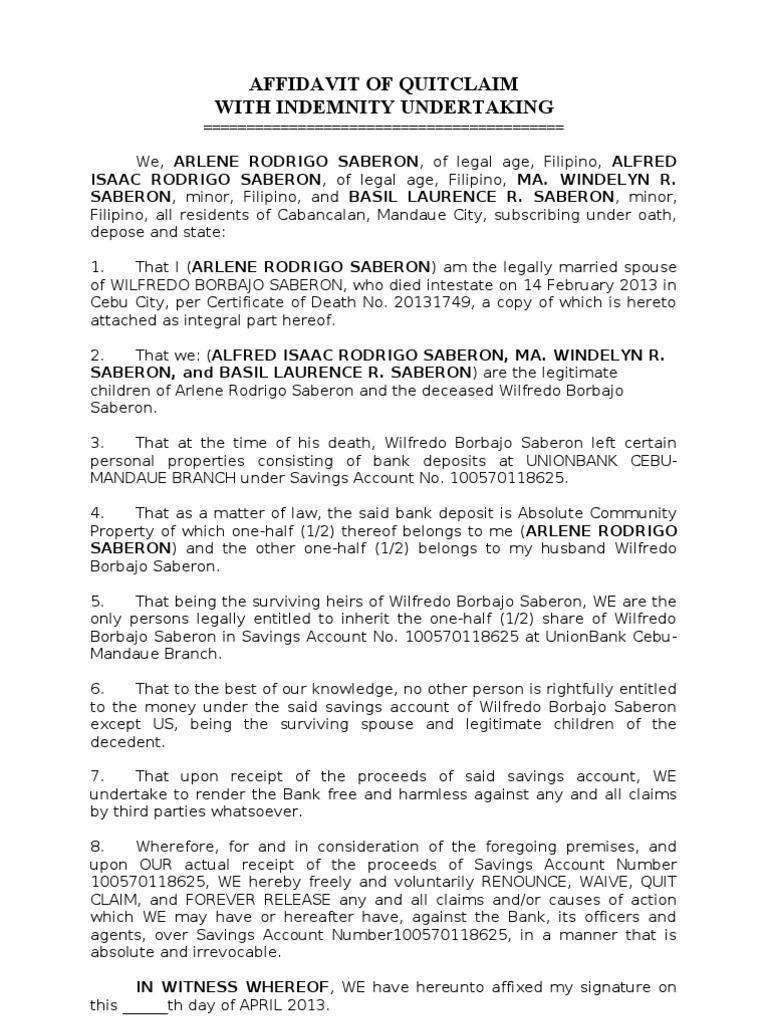 Affidavit of Quitclaim  Affidavit