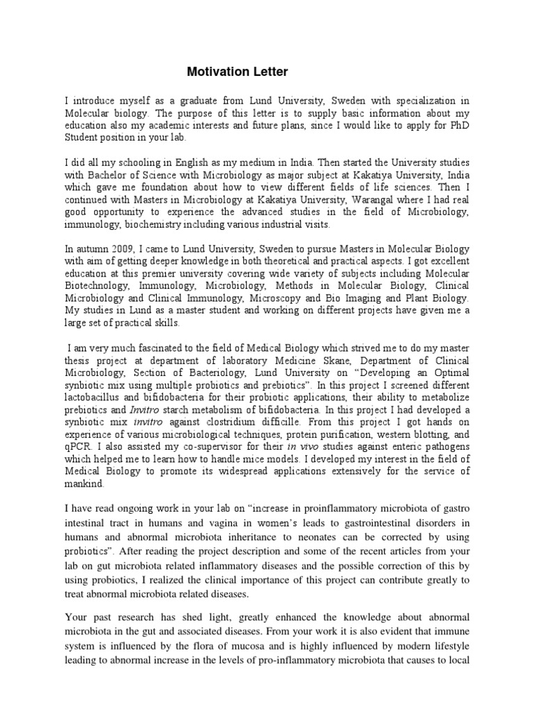 Motivation Letter  PDF  Gut Flora  Gastrointestinal Tract