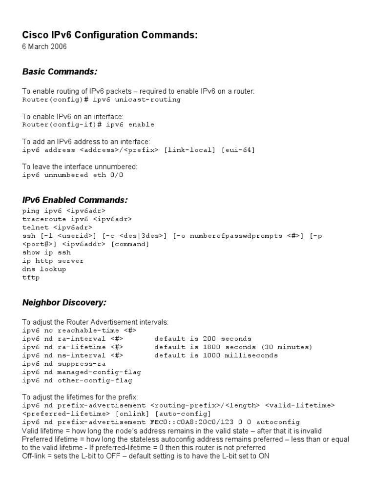 Cisco Ipv6 Configuration Commands 06 04 06 Pdf I Pv6 Router Computing