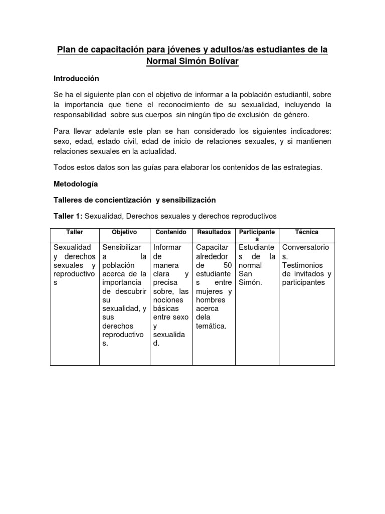 Plan de Capacitación para Jóvenes y Adultos | PDF | Mujer | La ...