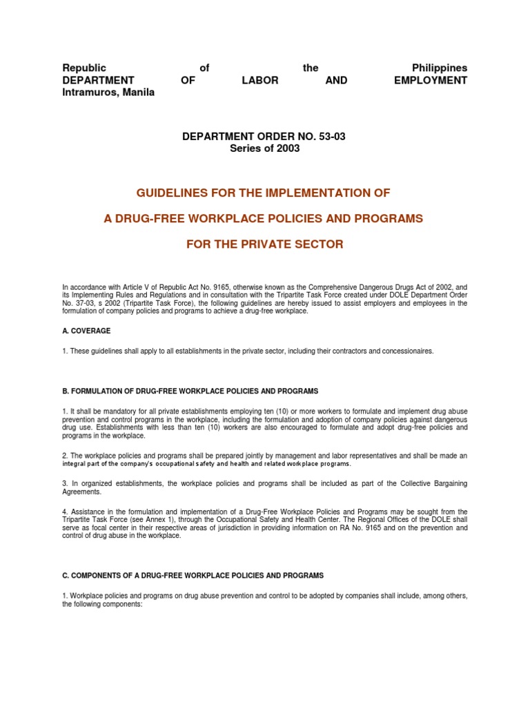 Drug-Free Workplace Guidelines Philippines | PDF | Drug Test | Employment
