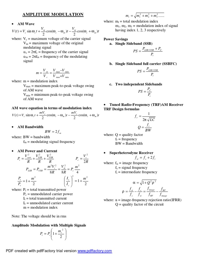 COMMUNICATIONS Formulas and Concepts | PDF | Frequency Modulation ...
