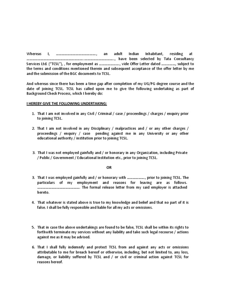 TCS Affidavit Notarized Undertaking format