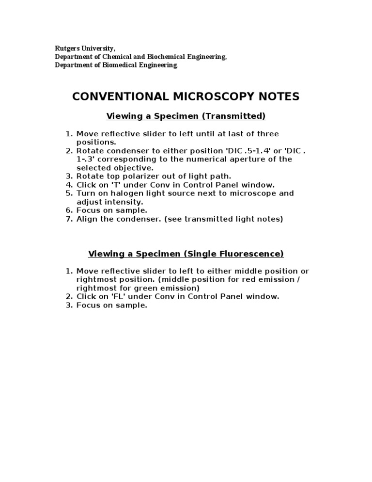 Guidelines for Viewing Specimens Using Conventional and Fluorescence