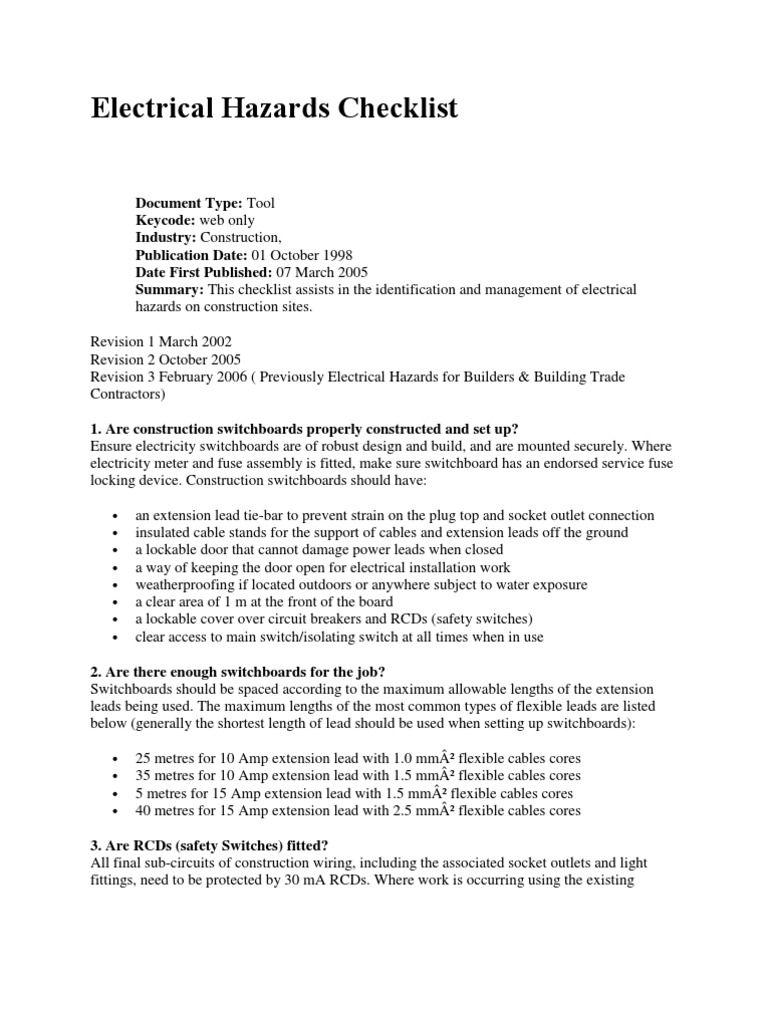 Electrical Hazards Checklist PDF Electrician Electrical Connector