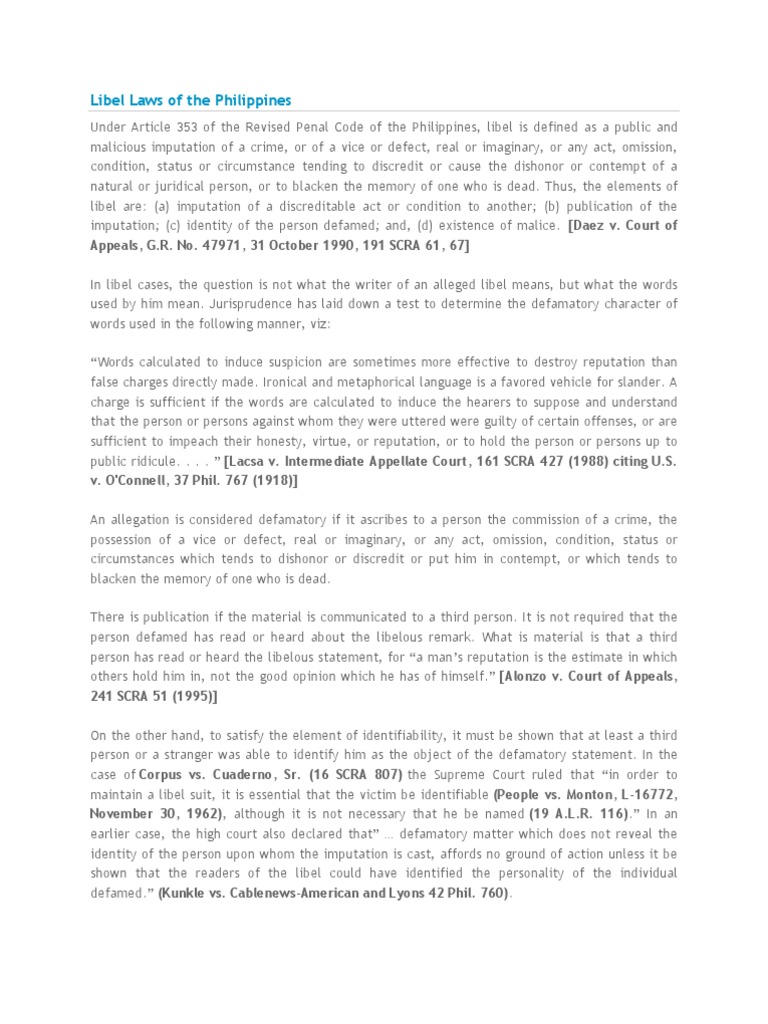 Libel Laws of the Philippines Defamation Criminal Law