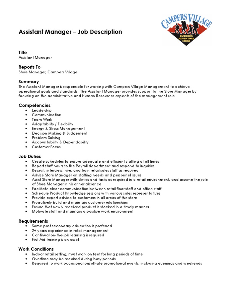 Assistant Manager Job Description | PDF