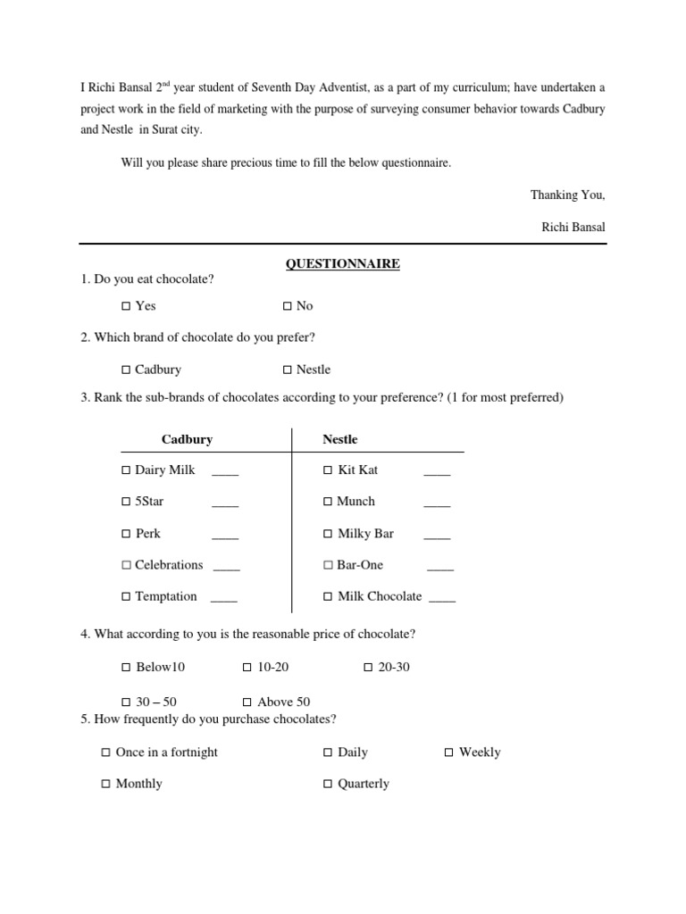 Questionnaire  Chocolate  Brand