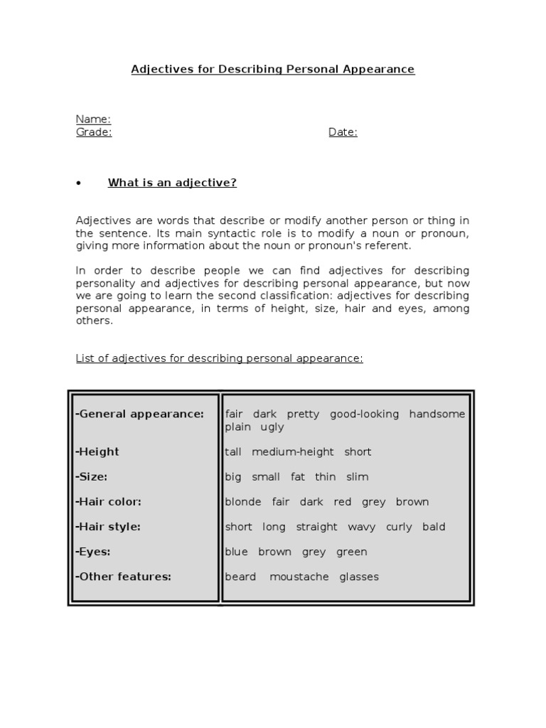 Adjectives For Describing Personal Appearance | PDF