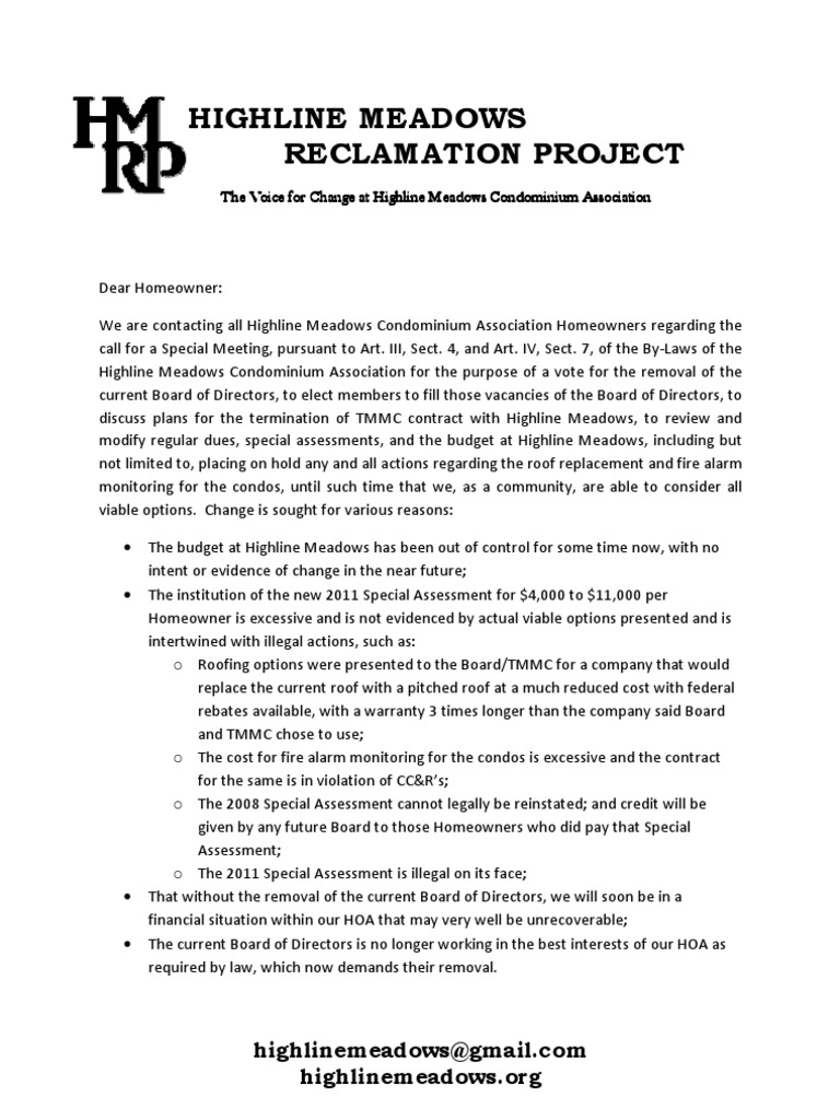 Homeowner Letter Board Of Directors Condominium