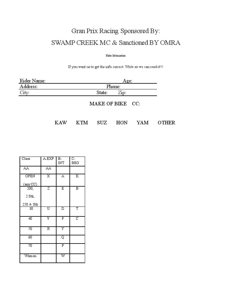 Gran Prix Racing Entry Form | PDF