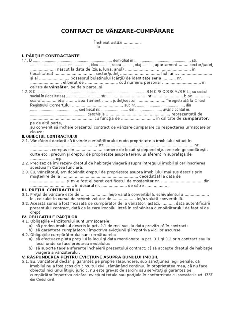 Contract De Vanzare CumpÄrare I PÄrÅ£ile Contractante