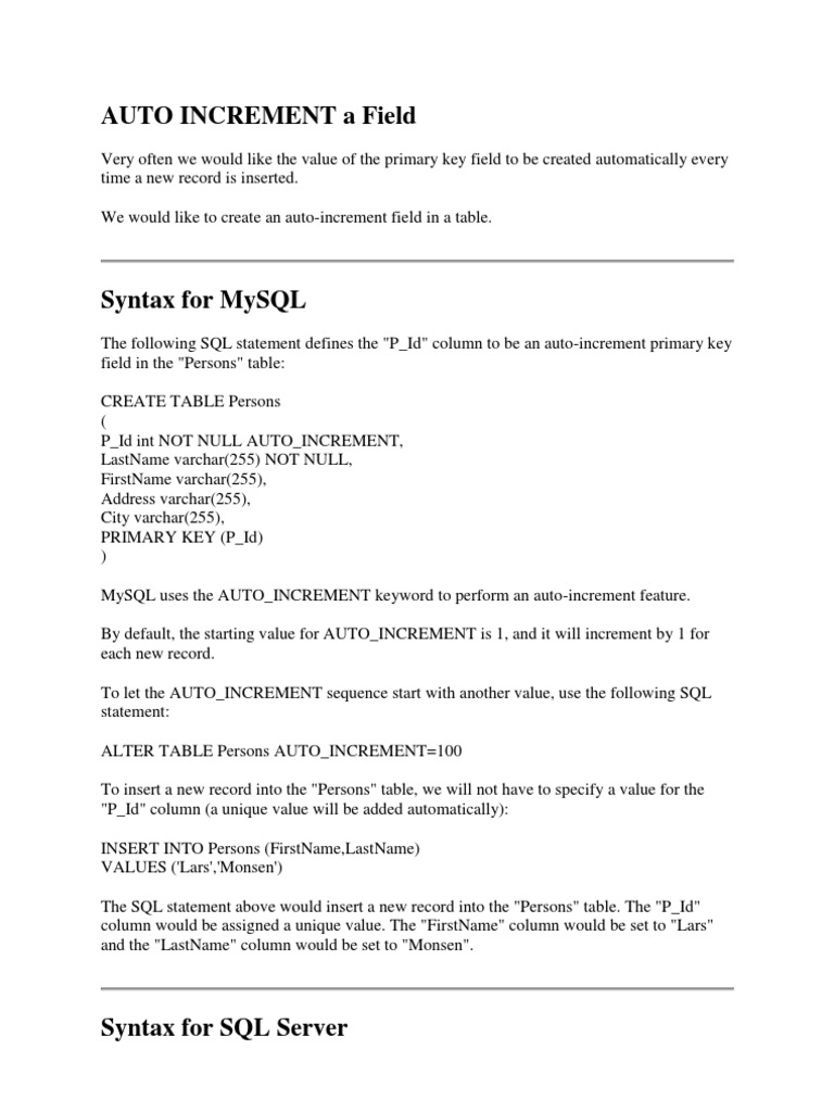 Auto Increment A Field | PDF | Sql | Information Technology Management