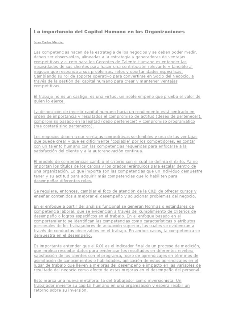 La Importancia Del Capital Humano En Las Organizaciones Docx Ensayo