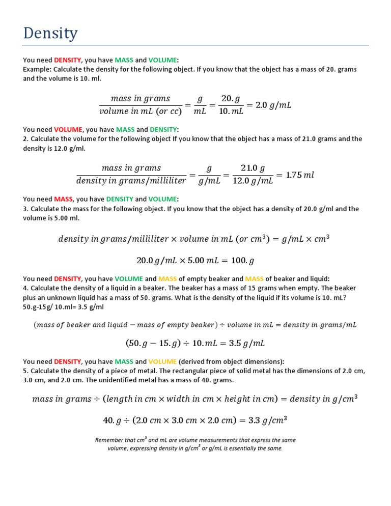 Density Formulas Density Volume
