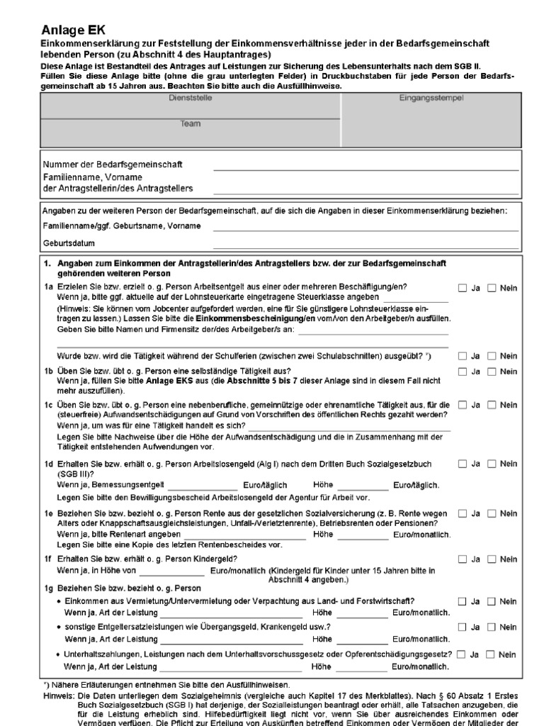 Alg II - Anlage EK - Anlage-EK-Einkommenserklaerung | PDF