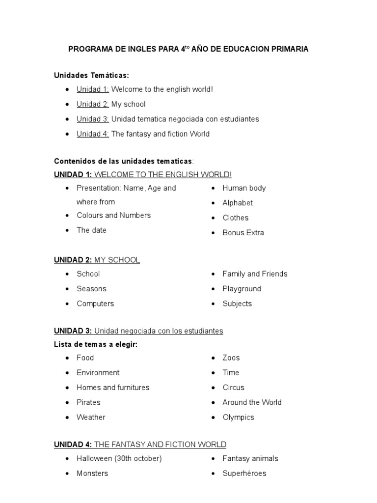 PROGRAMA DE INGLES PARA 4to AÑO DE EDUCACION PRIMARIA | PDF