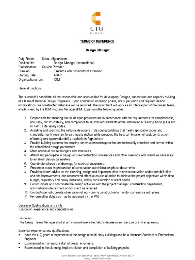 Terms of Reference Design Manager | PDF