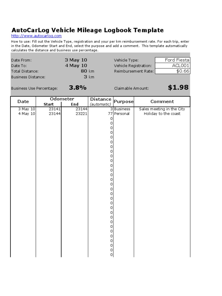 Vehicle Mileage Logbook Template | PDF | Road Vehicles | Automobiles