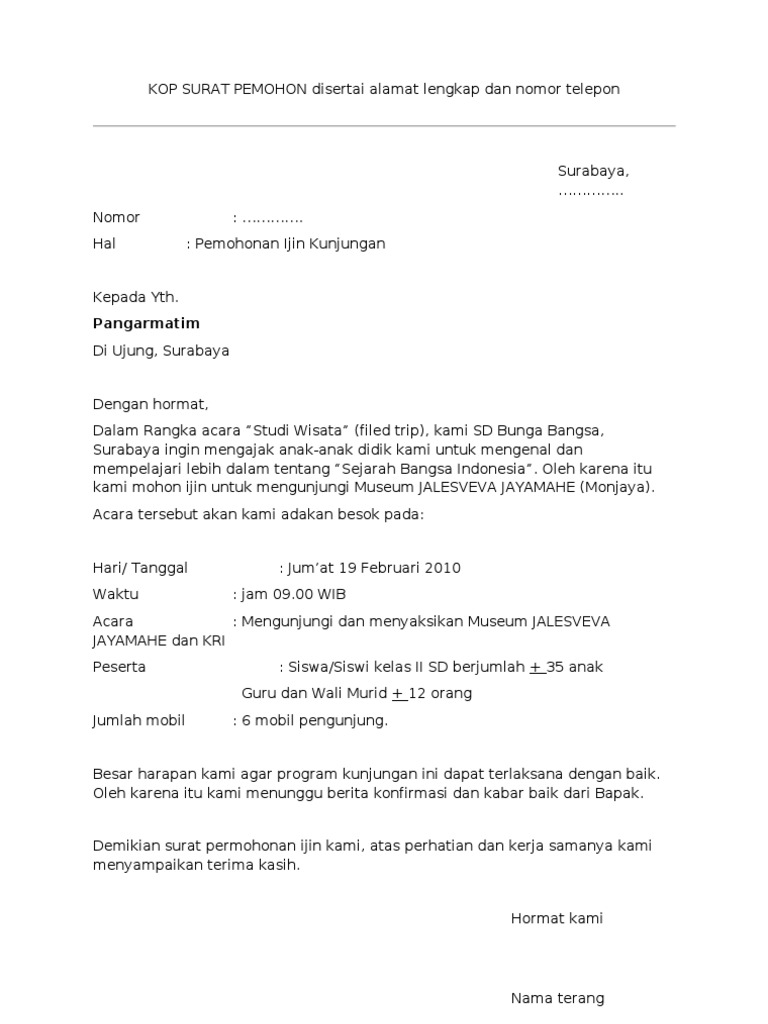 Contoh Surat Permohonan Kunjungan Ke Monjaya  PDF