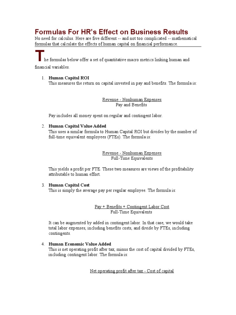 HR Impact on Business Performance Formulas | PDF | Finance & Money ...