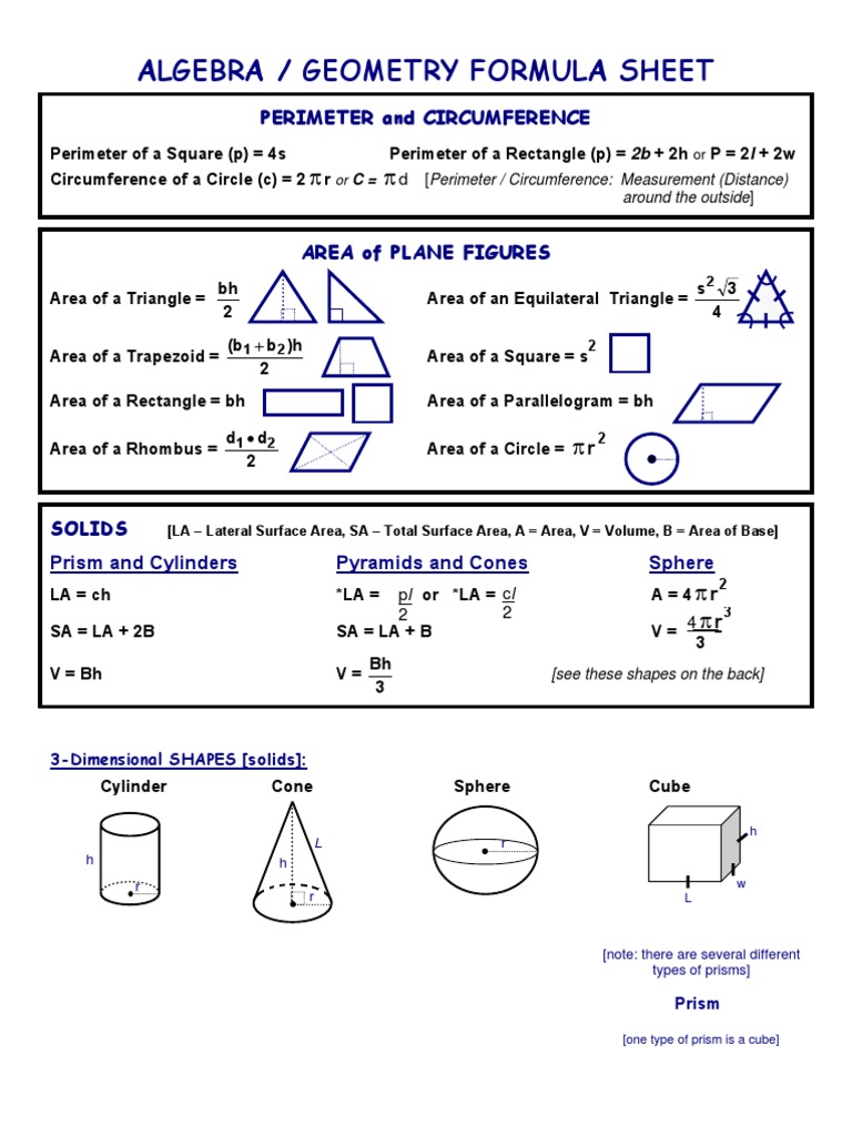 Algebra / Geometry Formula Sheet: Perimeter and Circumference | PDF ...