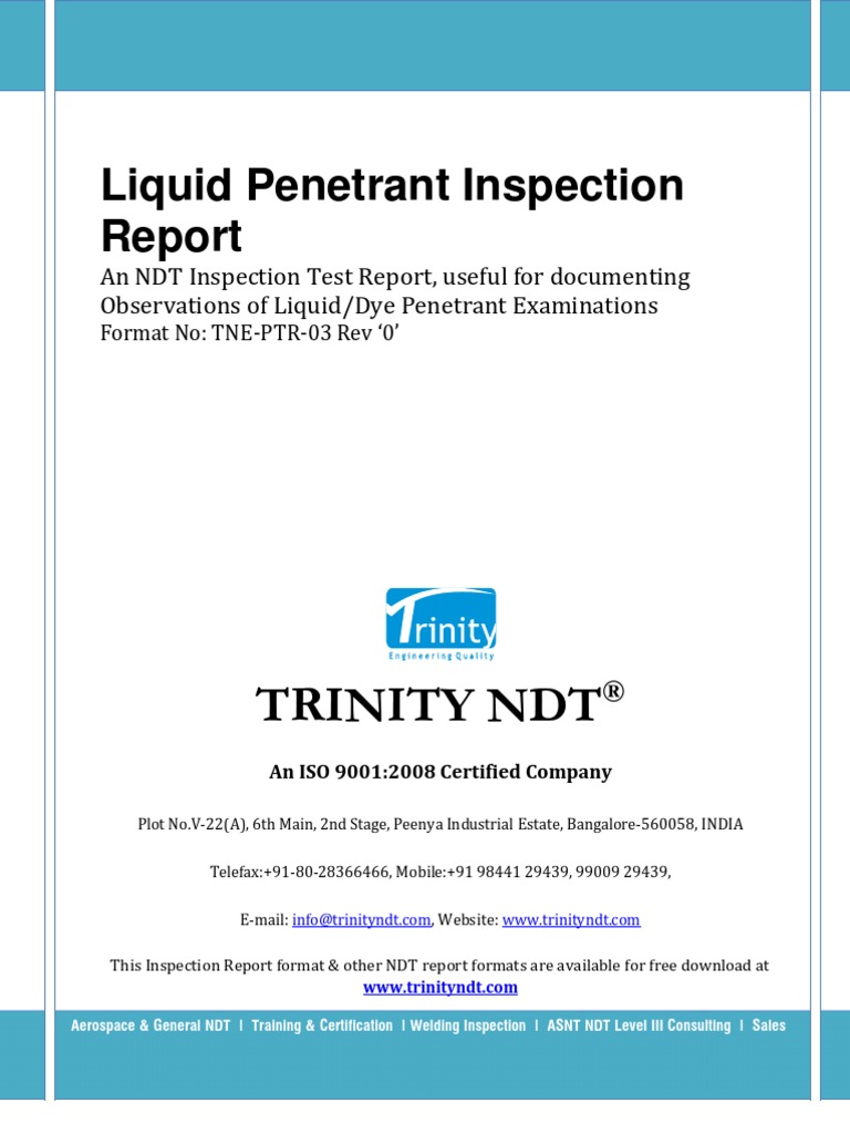 Liquid Dye Penetrant Inspection NDT Sample Test Report Format