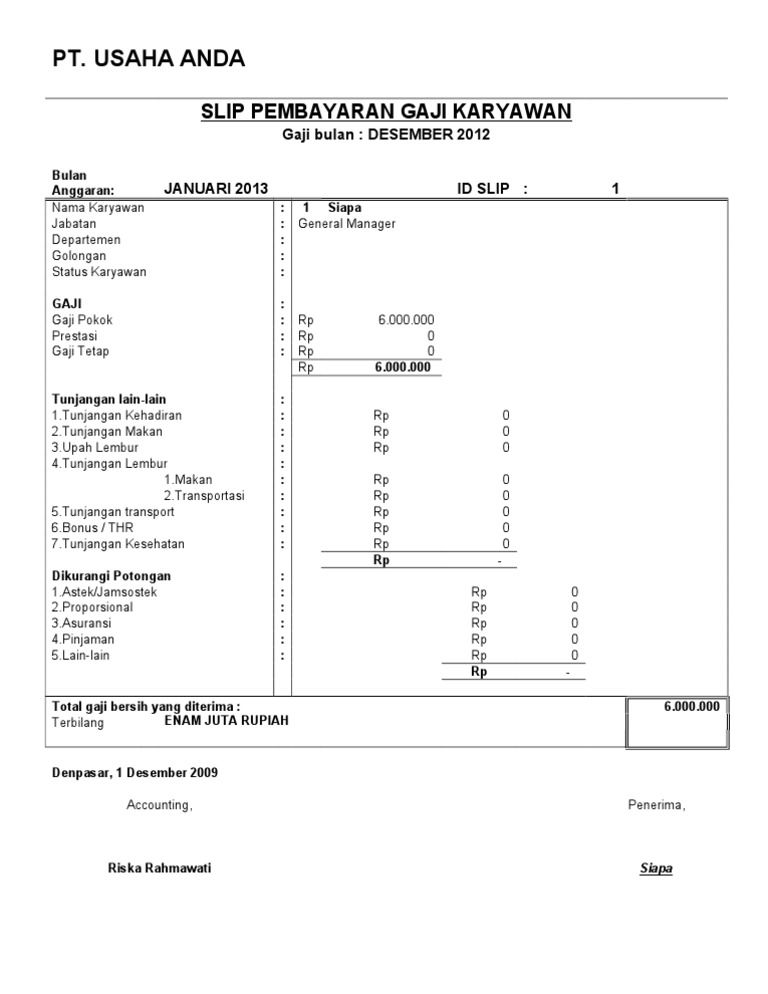 Contoh Format Slip Gaji