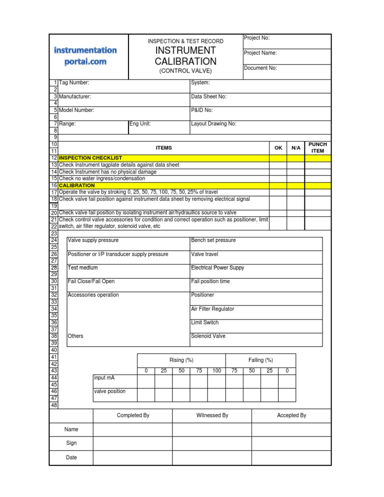 Ip Control Valve Calibration Form PDF Valve Calibration