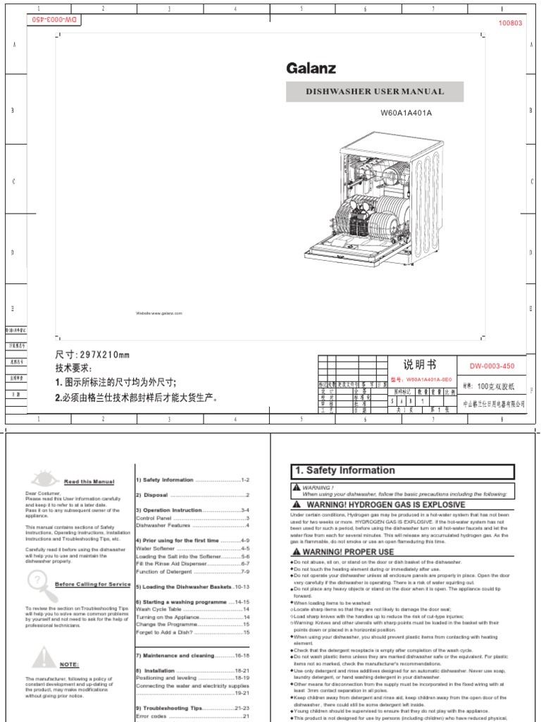 w60a1a401a (Dw1200b) User Manual Dishwasher Materials