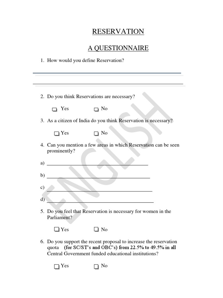 Reservation Questionnaire for India | PDF