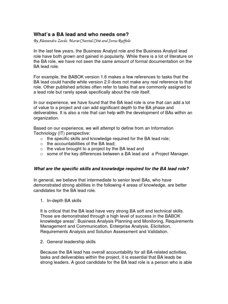 Defining the BA Lead Role | PDF | Business Analysis | Project Management