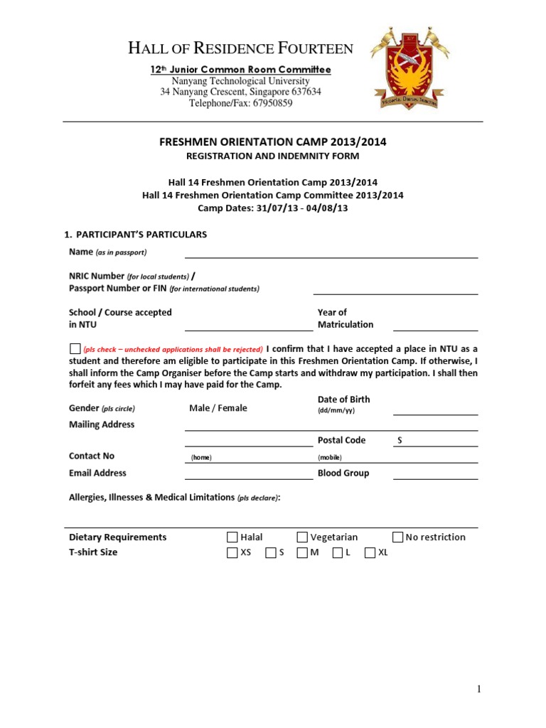 NTU Hall 14 Freshmen Camp Form | PDF | Legal Guardian | Negligence