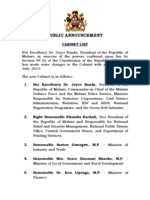 Cabinet List As Of 1st July 2013 Malawi Public Sphere