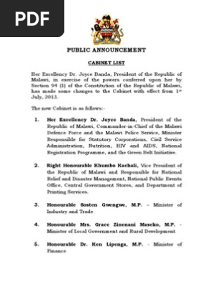 Cabinet List As Of 1st July 2013 Malawi Public Sphere