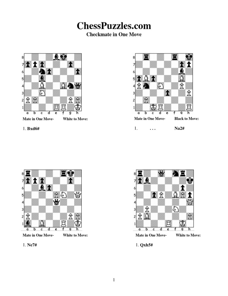 chess puzzles worksheets, checkmate in one move for a beginner.