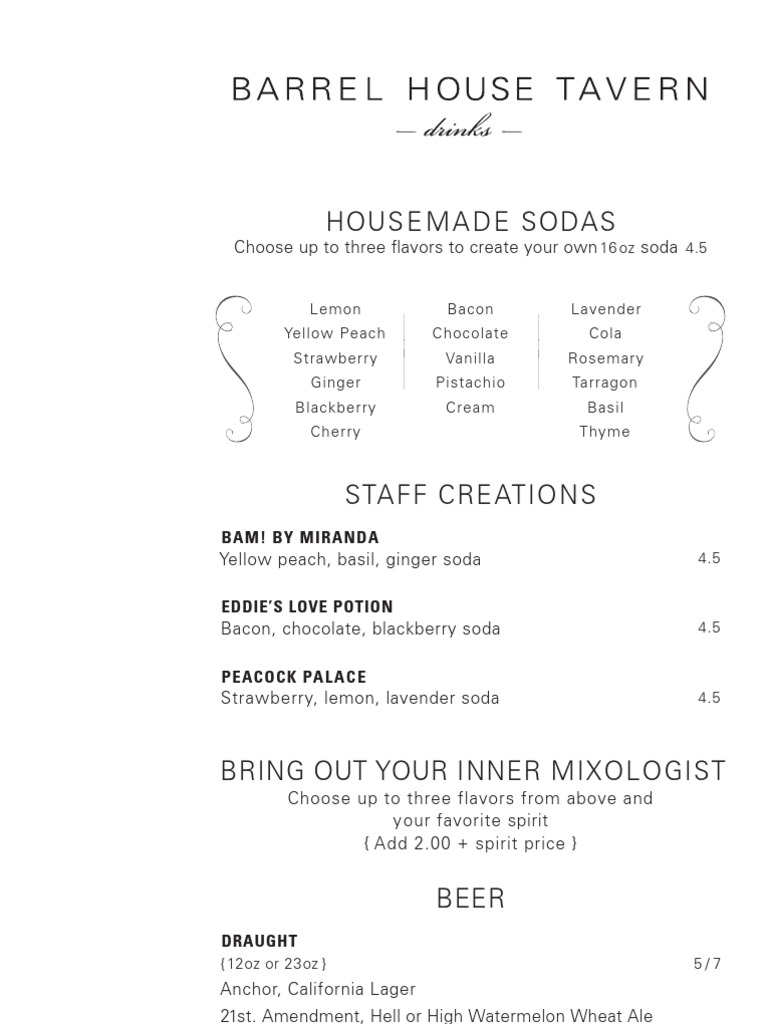 Barrel House Beverage Menu