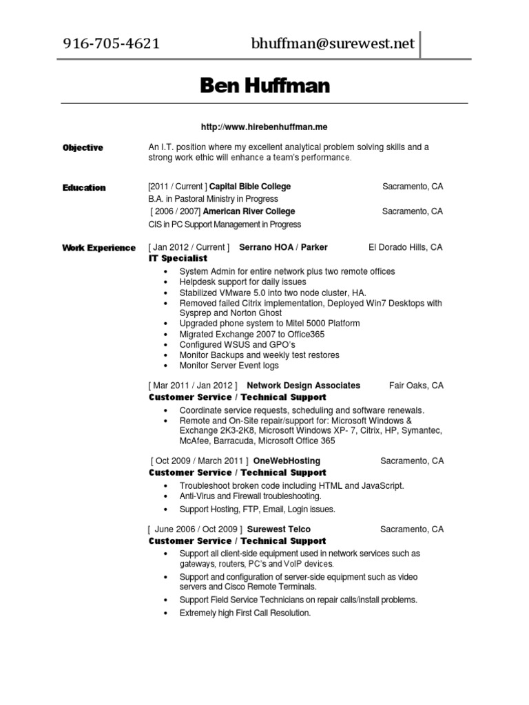 Resume technical support hewlett packard