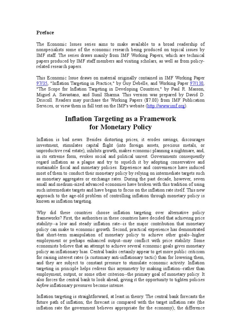 Inflation Targeting As A Framework For Policy From
