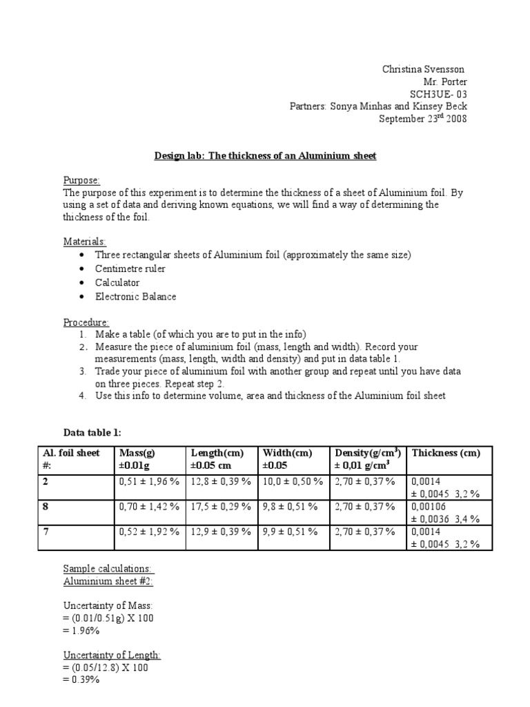 Lab 2 The Thickness of An Aluminium Sheet. C.S. PDF Aluminium Foil Uncertainty