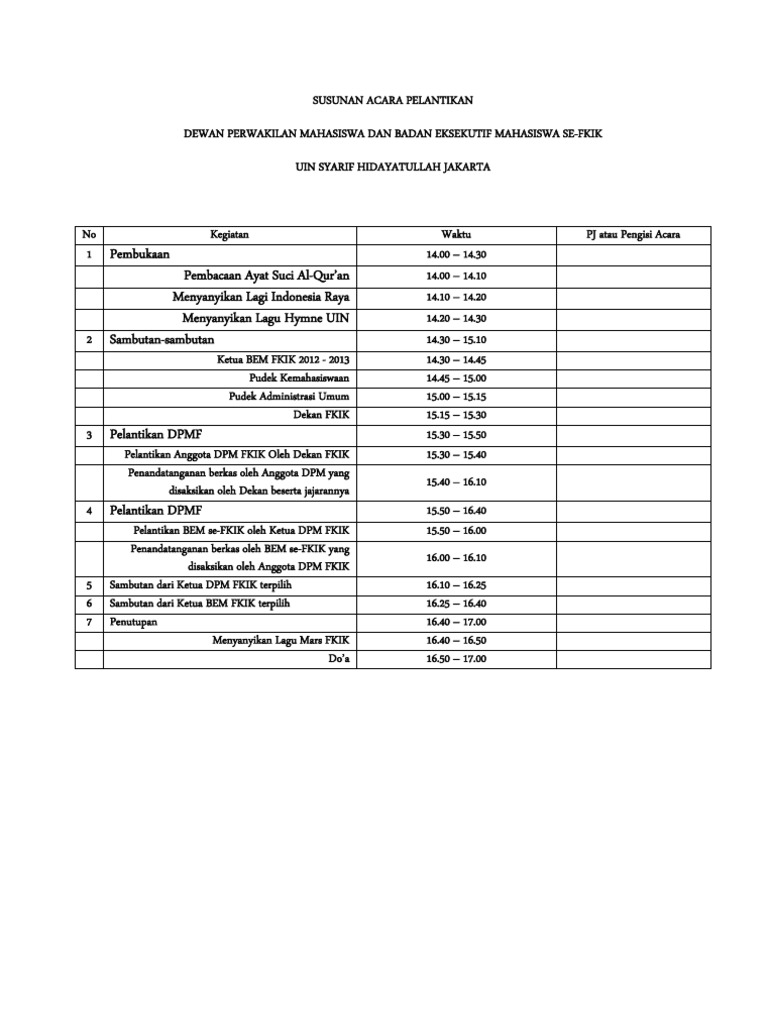 Susunan Acara Pelantikan