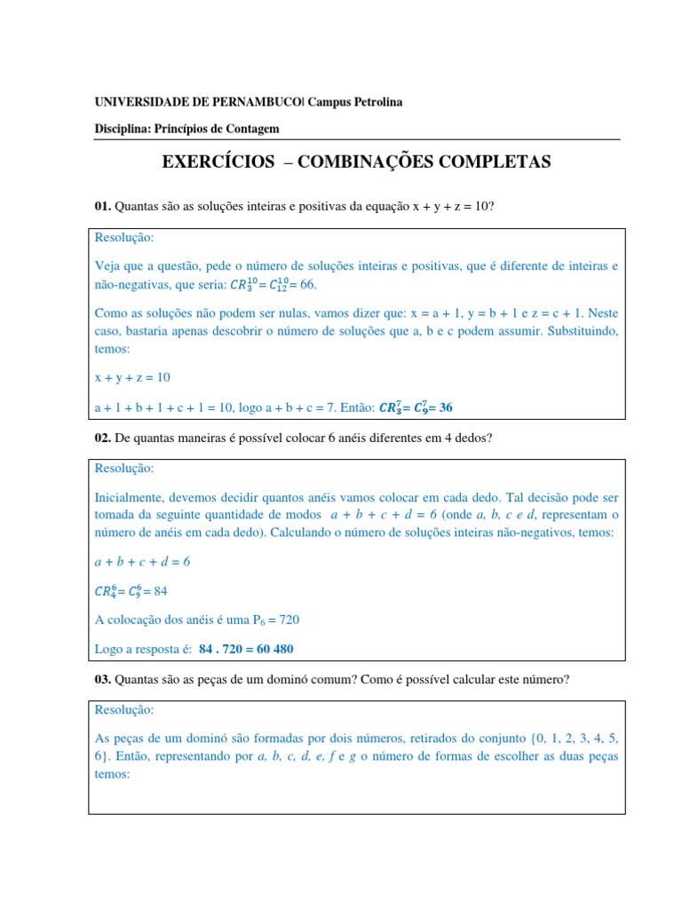 Lista de exercícios - combinações completas com resolução