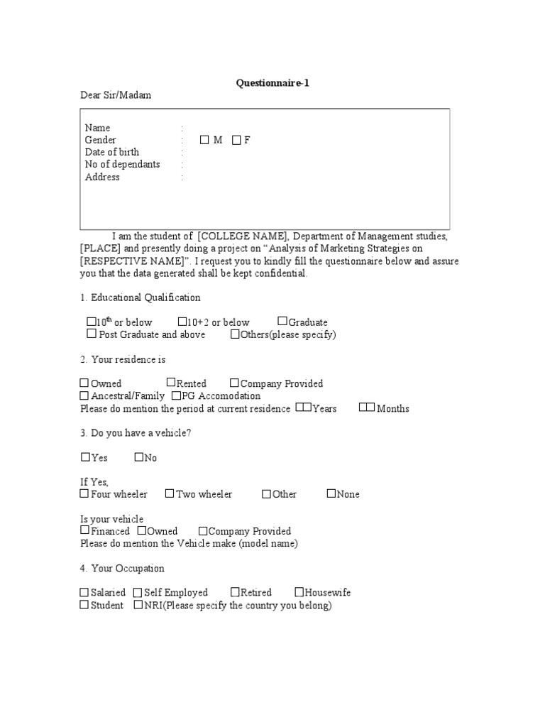 Surveyquestionnaireformatforproject 120620045140 Phpapp01 | PDF