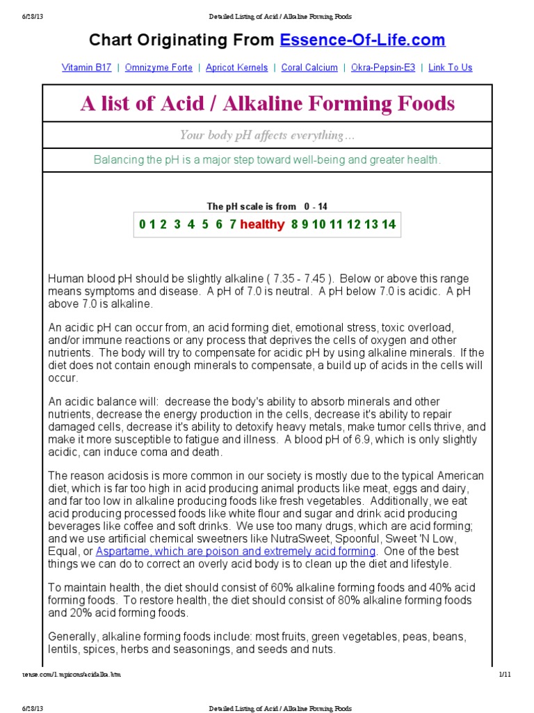 Detailed Listing of Acid _ Alkaline Forming Foods Vegetables Fruit