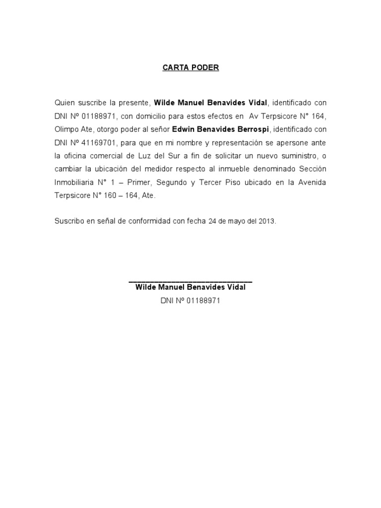 Carta Poder Para trámites en la municipalidad Carta Poder Para trámites en la municipalidad