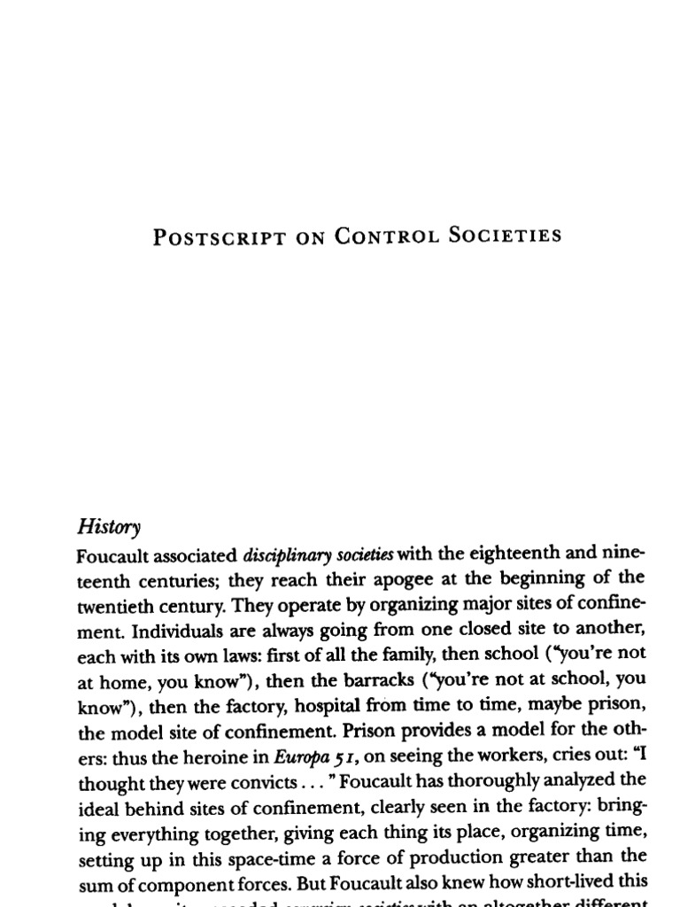 Deleuze Postscript On Control Societies PDF Capitalism Prison