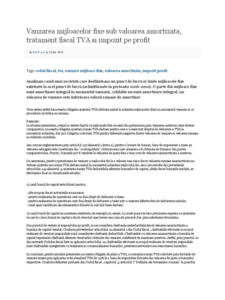Vanzarea Mijloacelor Fixe Sub Valoarea Amortizata