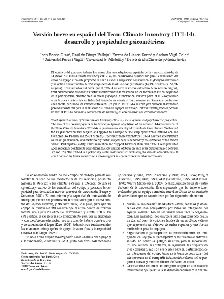 Versión Breve en Español Del Team Climate Inventory | PDF | Innovación ...