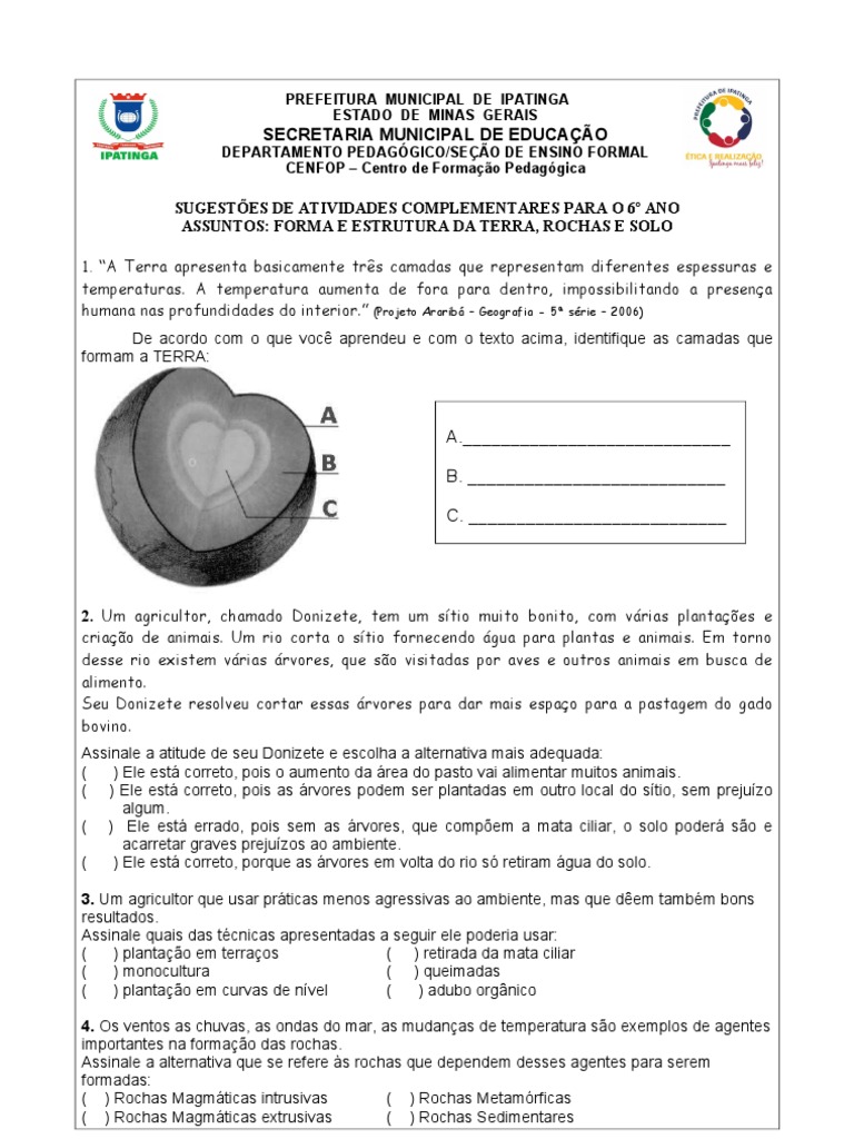 Avaliação De Ciencias 6 Ano Camadas Da Terra Com Gabarito