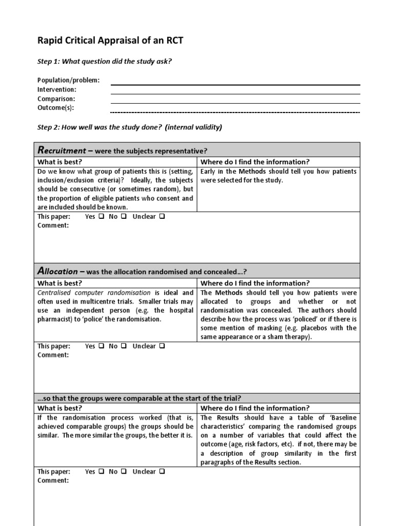 Critical Appraisal of an RCT[1] | Randomized Controlled Trial | Medicine